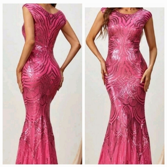 Hot Pink Party Contrast Sequin, round neck, cap sleeve,  Mermaid Maxi Go… - Picture 1 of 10